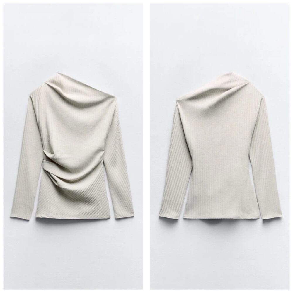 Zara Women’s Asymmetric Ribbed Top Knit Cream Size Small Minimalist Chic